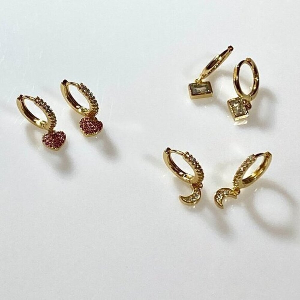 Gold Plated Sterling Silver Heart Moon Rectangle Earrings
